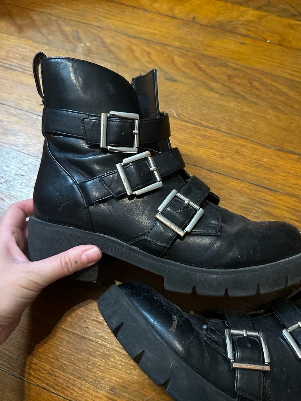 Black Buckle Strap Chunky Ankle Boots for Women